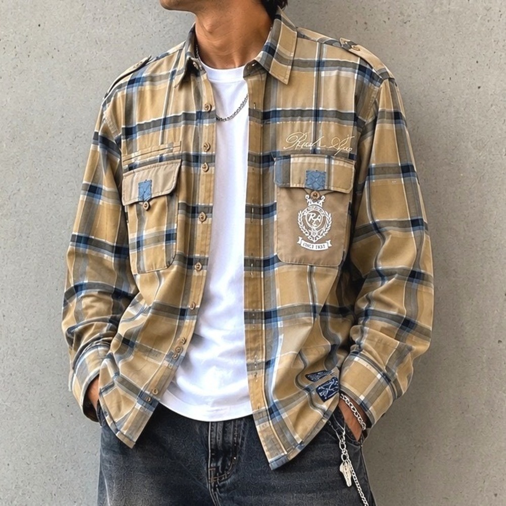 Red Ape Mens Tan Plaid Button Down XL Urban Streetwear Embroidered Crest Shirt